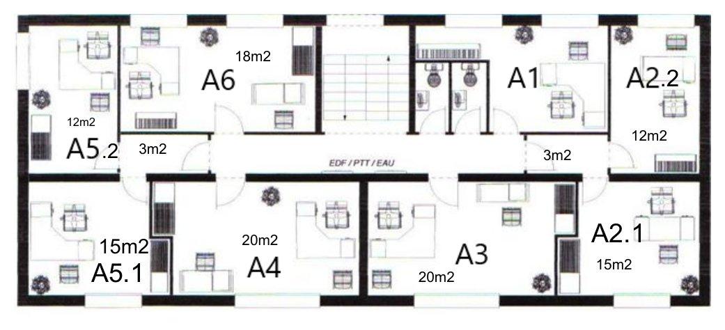 Plan coté — Niveau A — Rez-de-chaussée (bureaux A1–A6)