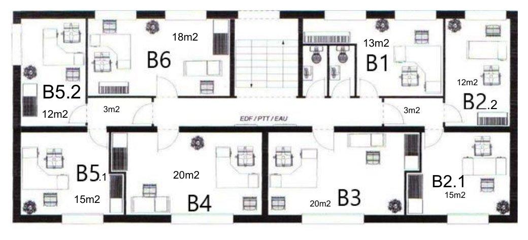 Plan coté — Niveau B — 1er étage (bureaux B1–B6)