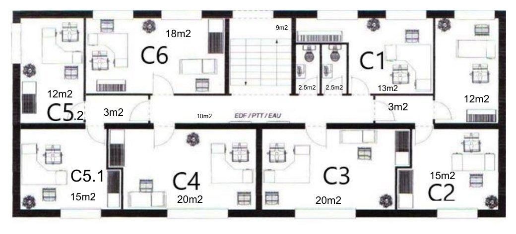 Plan coté — Niveau C — 2e étage (bureaux C1–C6)