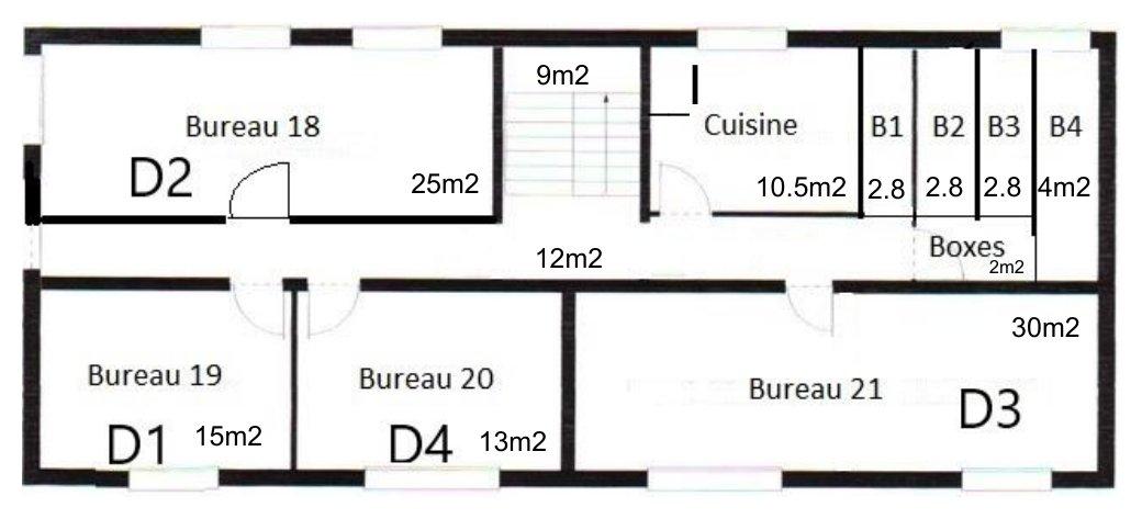 Plan coté — Niveau D — RDC / sous-sol (bureaux D1–D4)
